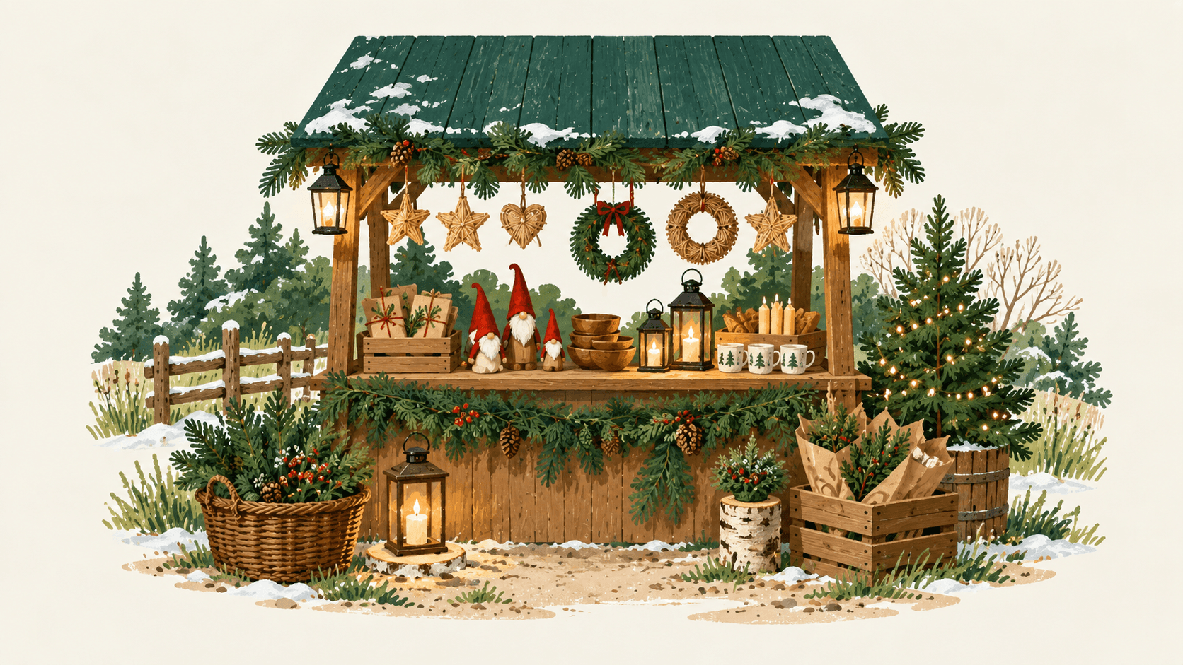 Illustration af en julemarkedsbod med gran og lanterner