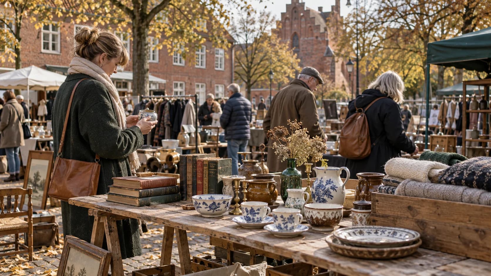 AI-genereret illustration af et loppemarked i efterårssol med porcelæn, bøger og strik på boderne.
