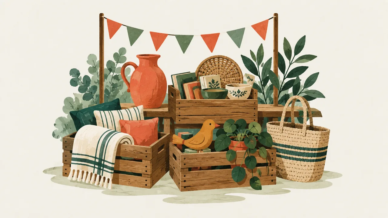 Illustration af et marked med forskellige varer – Kreativt Påskemarked