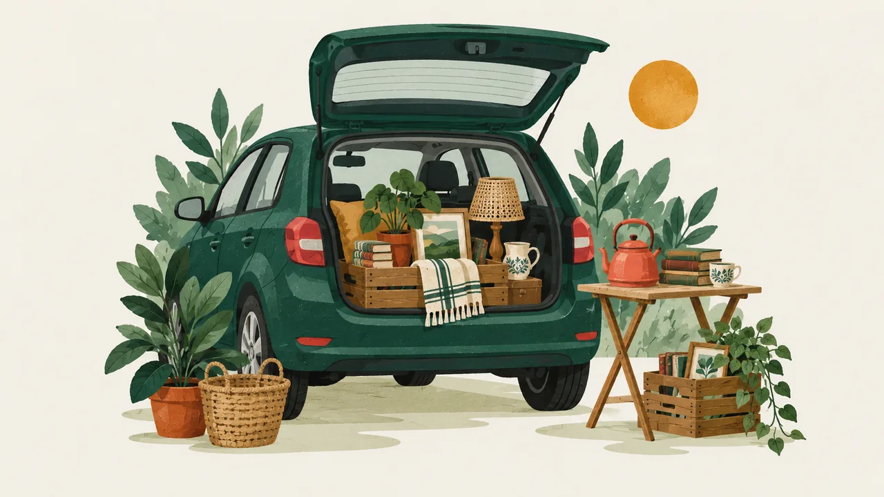 Illustration af et bagagerumsmarked med varer ved biler – Sjov Lørdag Bagagerumsmarked