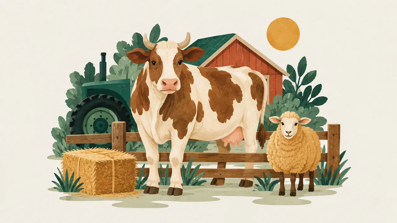 Illustration af et dyrskue med dyr og markedsboder – Landbrugsmessen Gl. Estrup