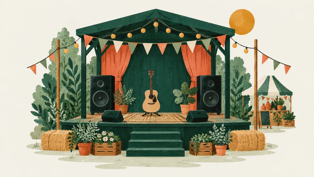 Illustration af en festival med markedsboder – Markedsplads på Langelands-Revival