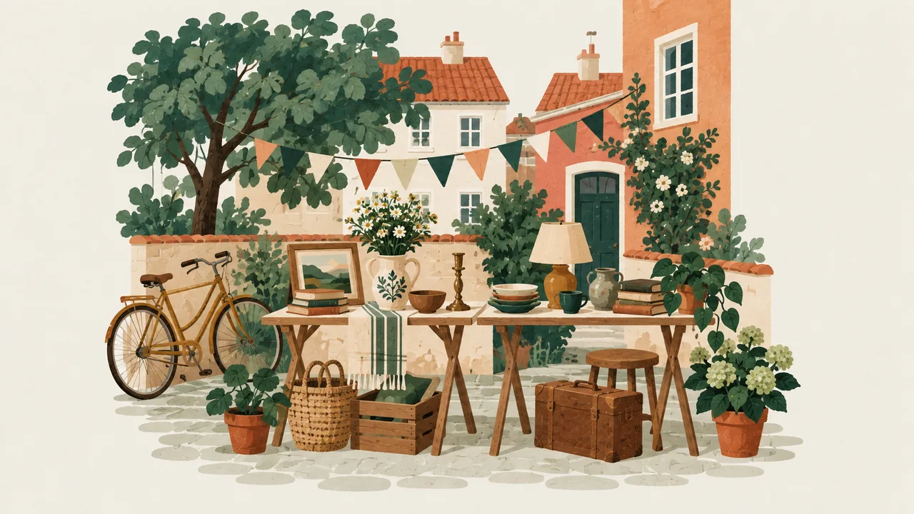 Illustration af et loppemarked i en gade eller gård – Gårdlopperne i Ringertoften