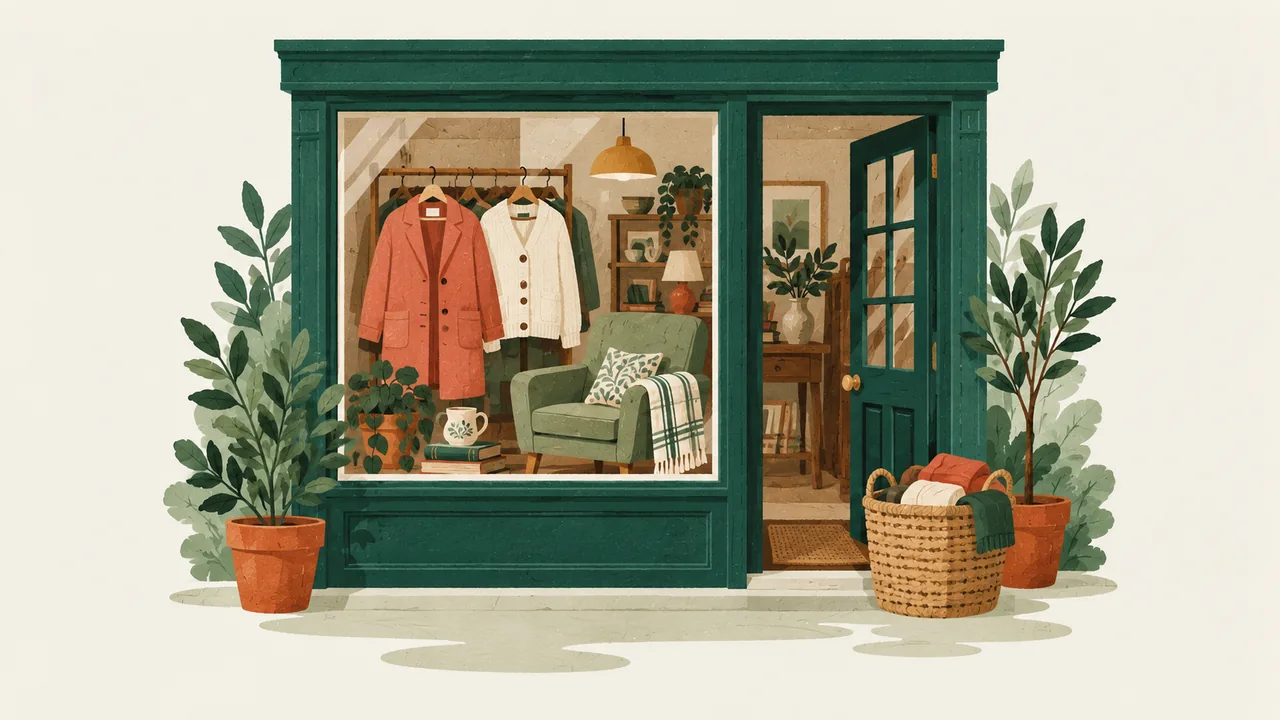 Illustration af en genbrugsbutik med brugte ting – Shop'n Lop