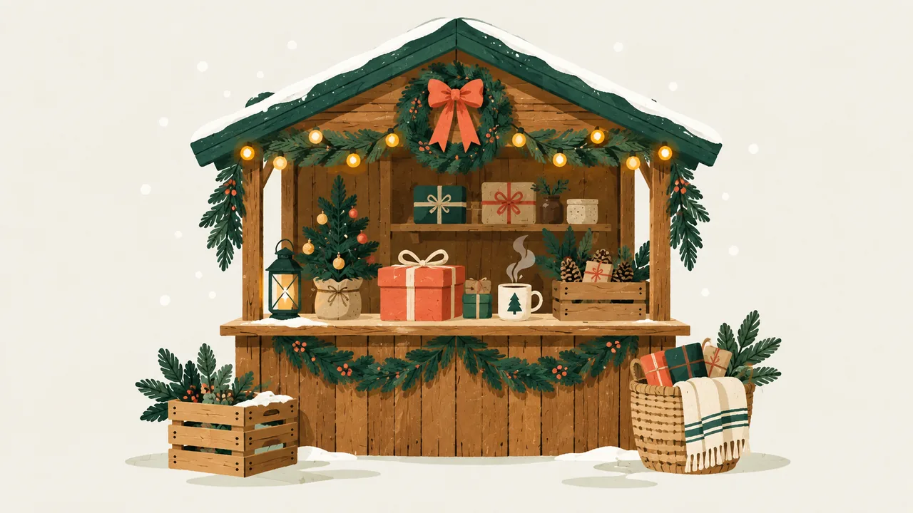 Illustration af et julemarked med pynt og juleboder – Julemarked på Kragerup Gods