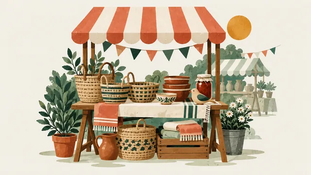 Illustration af et kræmmermarked med boder og varer – Brørup Kræmmermarked