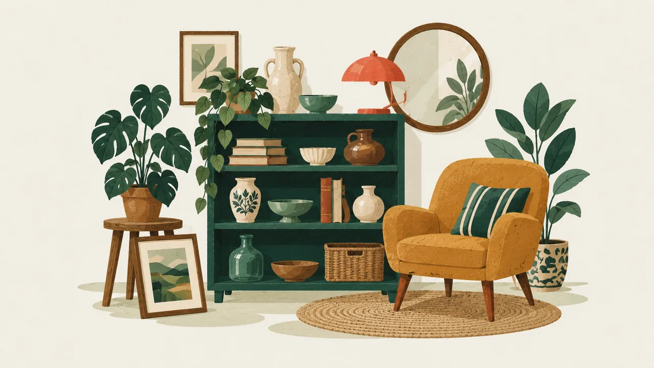 Illustration af en loppeforretning med vintagefund – Indendørs Loppemarked i Rønneholtparken