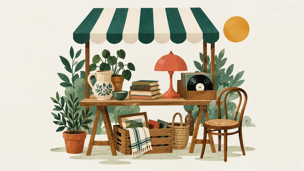 Illustration af et loppemarked med brugte ting – Loppemarked i Rårup Hallen