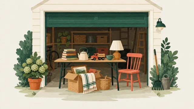 Illustration af et privat loppemarked ved et hjem – 🏡✨ 'GULD PÅ GODSET' – KOM TIL GARAGESALG! ✨🏡