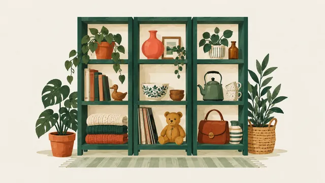 Illustration af et reolmarked med varer på lejede hylder – Fjordloppen
